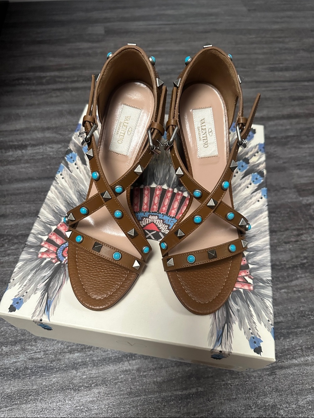 Valentino Brown Leather Studded Sandals with Turquoise Buttons